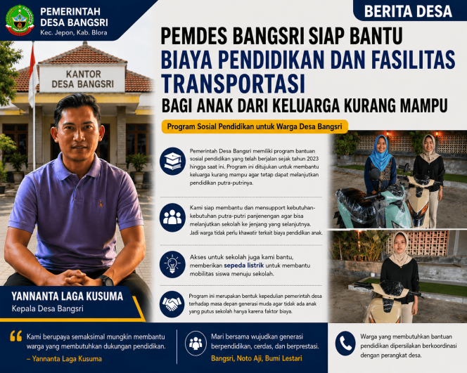 
					Pemdes Bangsri Siap Bantu Biaya Pendidikan dan Fasilitas Transportasi bagi Anak dari Keluarga Kurang Mampu
