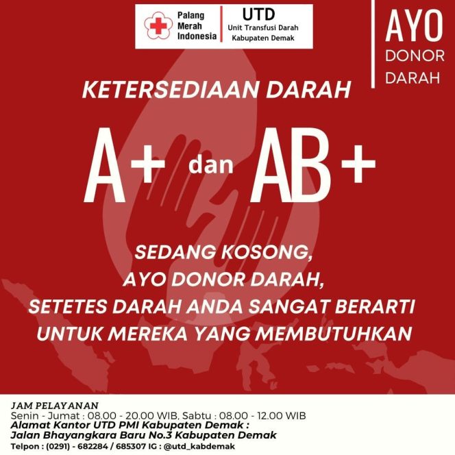 
					Stok Darah PMI Demak Menipis, Golongan A dan AB Kosong ‎