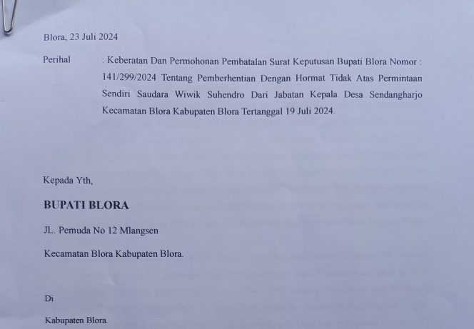 
					Keberatan Kepala Desa Sendangharjo, Kecamatan Blora Diberhentikan Karena Nikah Siri