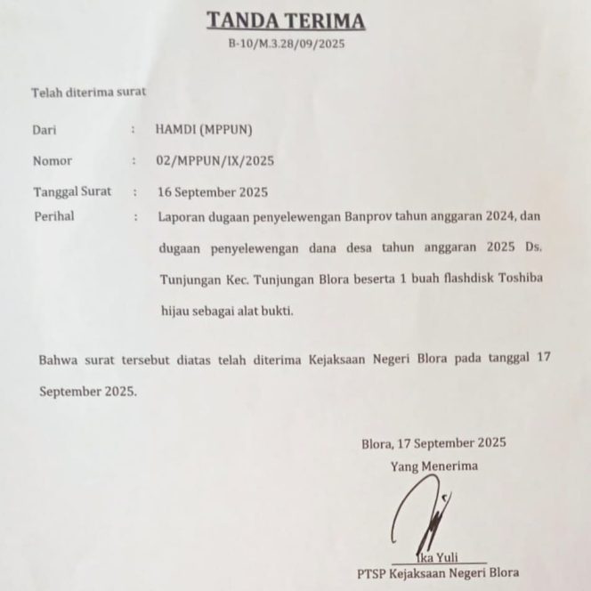 
					MPPUN Blora Laporkan Dugaan Penyelewengan Banprov 2024 dan Dana Desa 2025 di Desa Tunjungan ke Kejaksaan