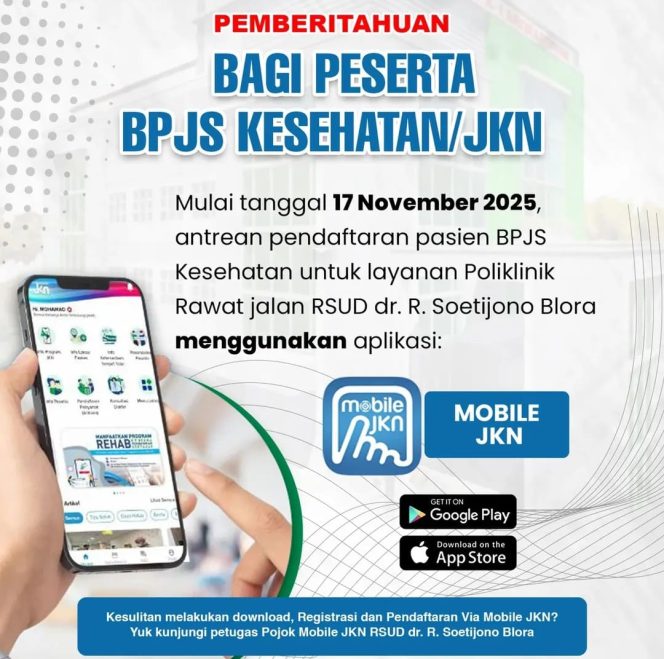 
					RSUD dr. R. Soetijono Blora Imbau Peserta JKN Gunakan Pendaftaran Rawat Jalan Online